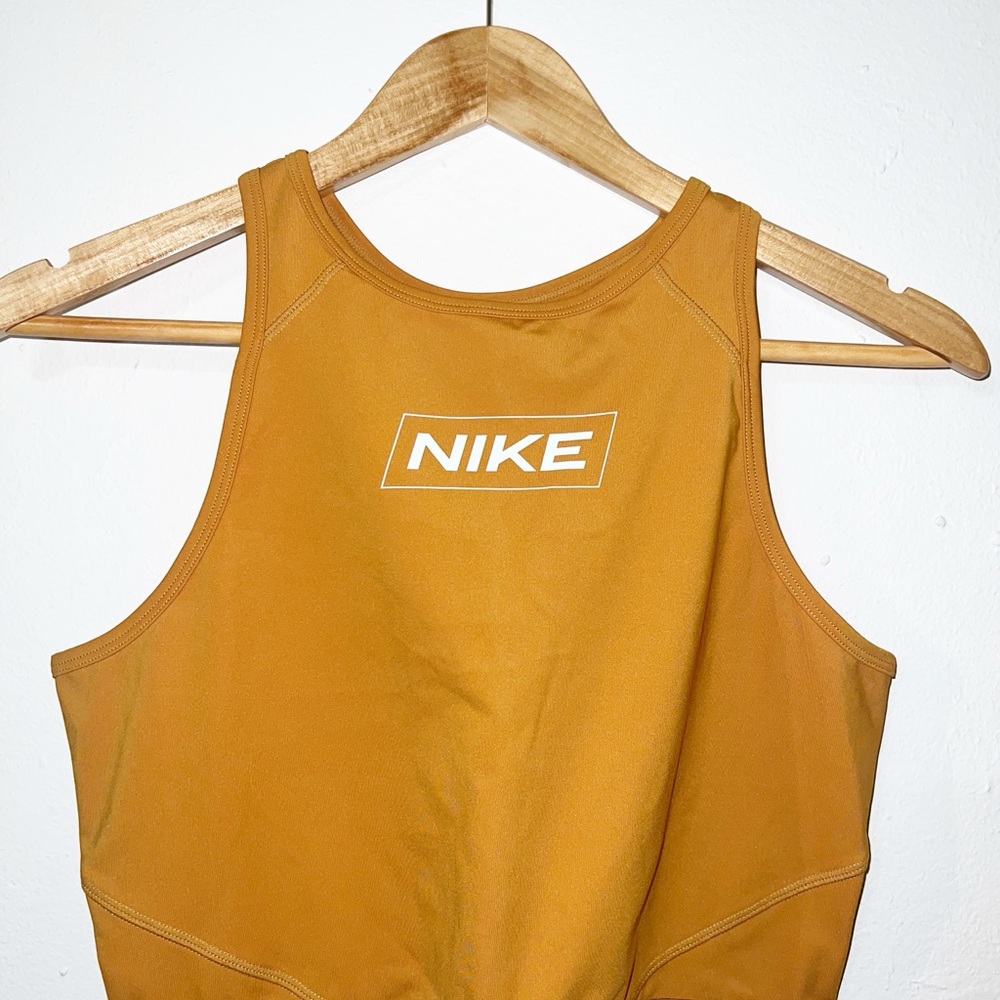 Nike pro Dri-fit Nike mustard yellow high neck longline crop top sports bra - Picture 2 of 9